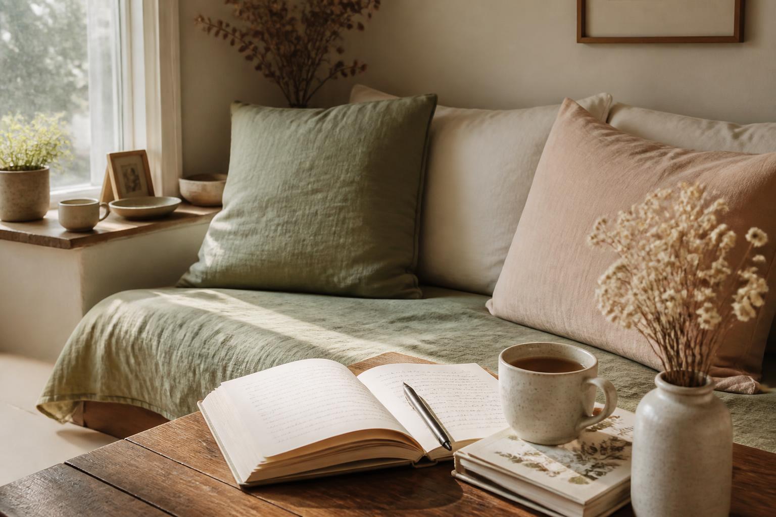 A quiet reading nook with linen cushions, an open notebook and a mug of tea.