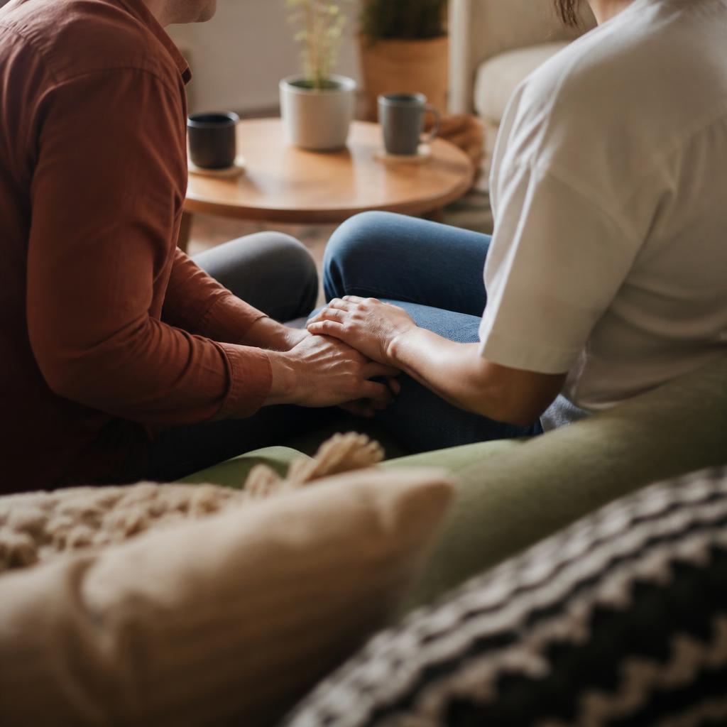 Two partners sitting together on a couch, hands gently touching.